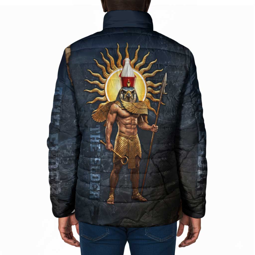 Heru-Ur Falcon Eyes Padded Jacket Solar Disk Ancient Egyptian Mythology in Dark Stone