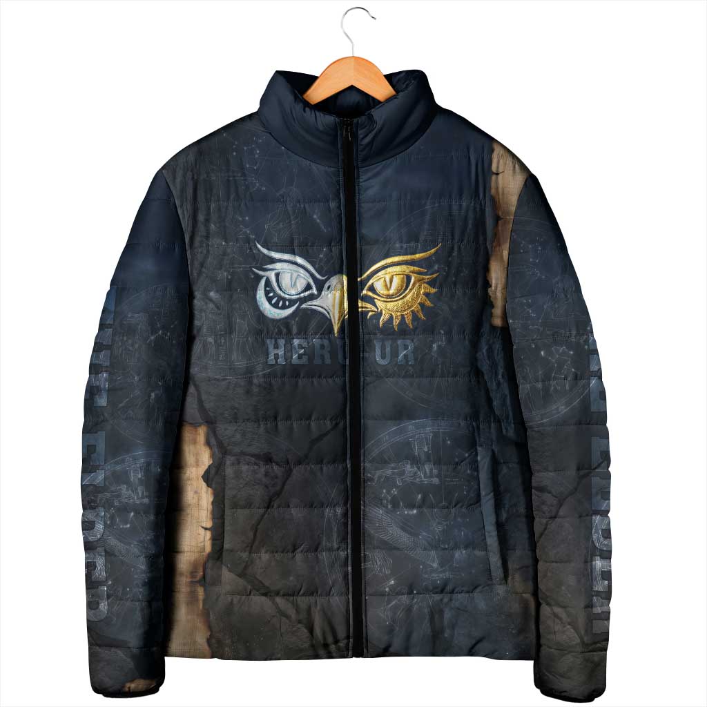 Heru-Ur Falcon Eyes Padded Jacket Solar Disk Ancient Egyptian Mythology in Dark Stone
