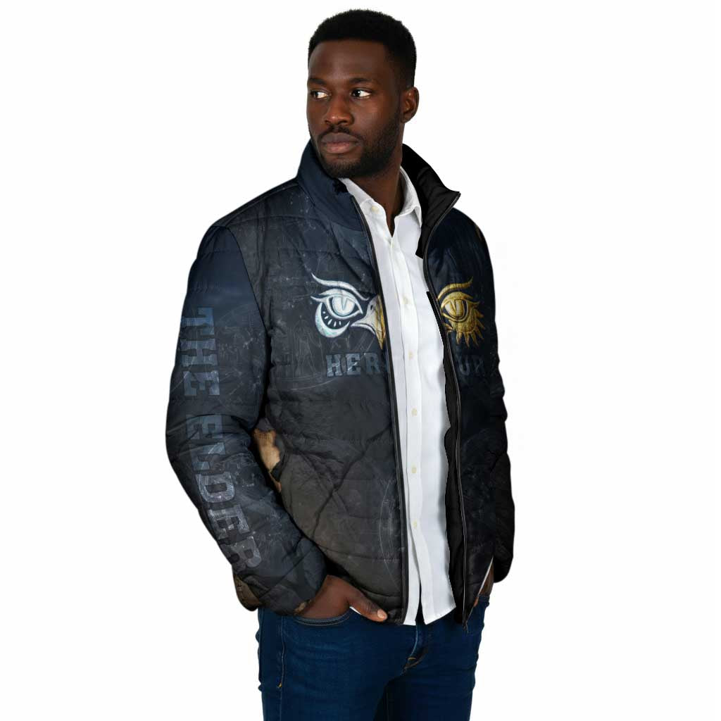 Heru-Ur Falcon Eyes Padded Jacket Solar Disk Ancient Egyptian Mythology in Dark Stone