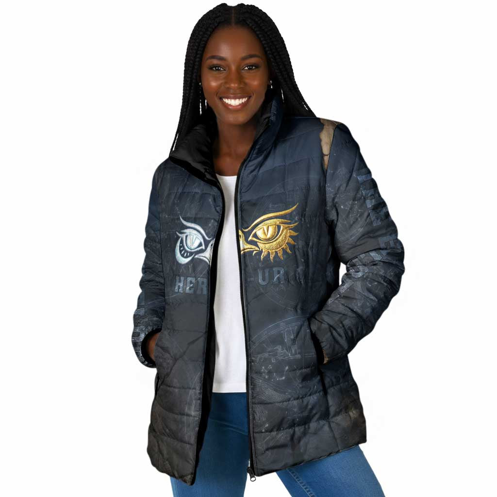 Heru-Ur Falcon Eyes Padded Jacket Solar Disk Ancient Egyptian Mythology in Dark Stone