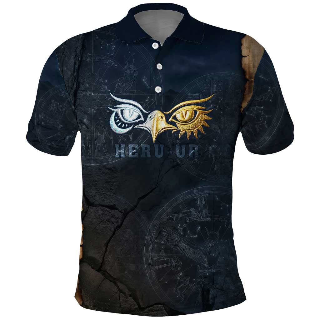 Heru-Ur Falcon Eyes Polo Shirt Solar Disk Ancient Egyptian Mythology in Dark Stone