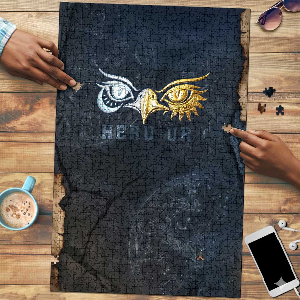Heru-Ur Falcon Eyes Puzzle Solar Disk Ancient Egyptian Mythology in Dark Stone