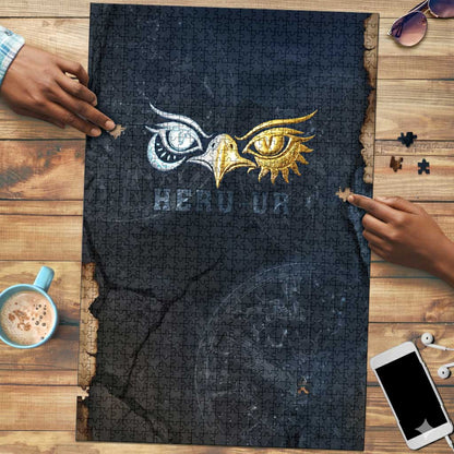 Heru-Ur Falcon Eyes Puzzle Solar Disk Ancient Egyptian Mythology in Dark Stone