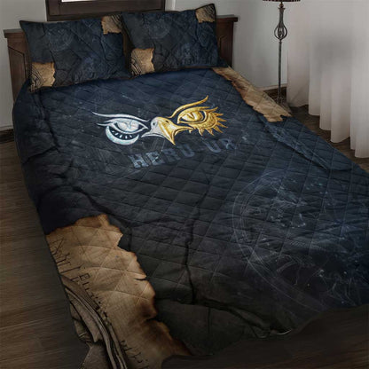 Heru-Ur Falcon Eyes Quilt Bed Set Solar Disk Ancient Egyptian Mythology in Dark Stone
