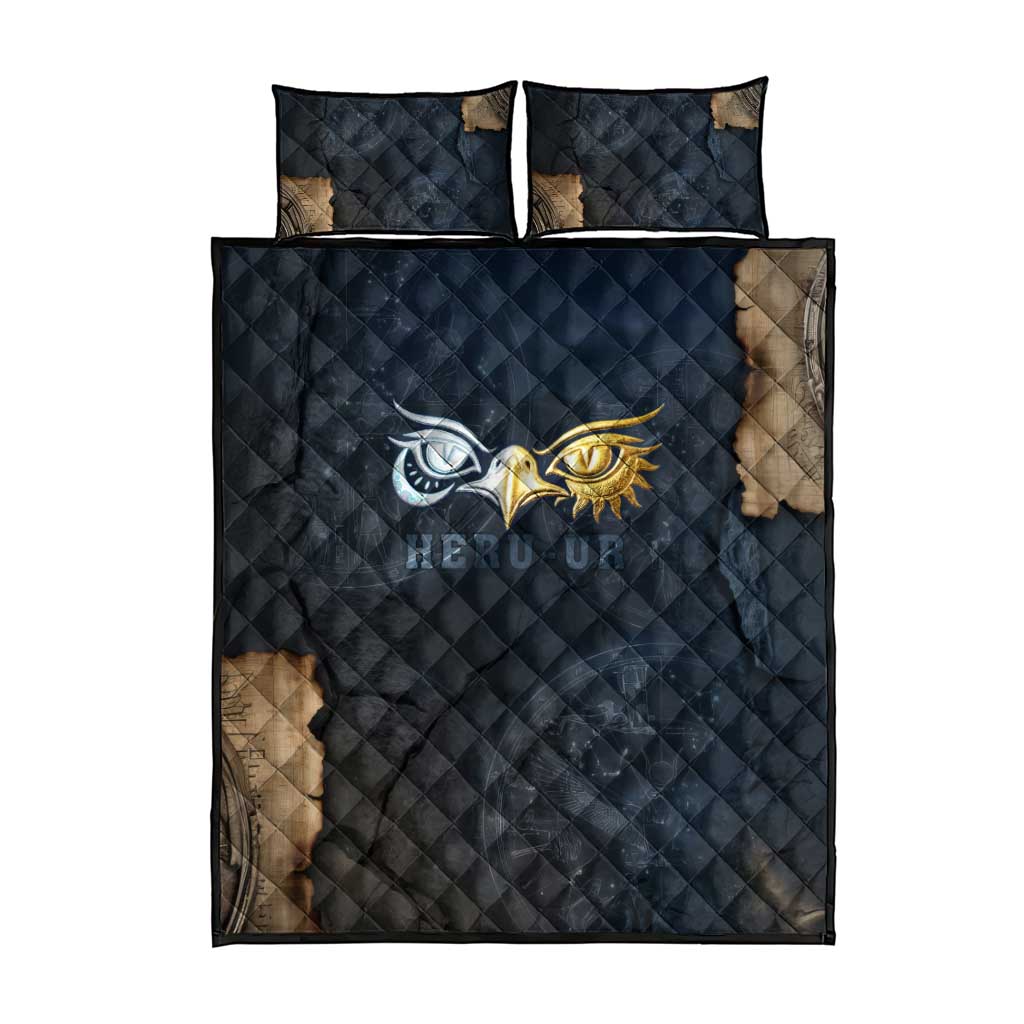 Heru-Ur Falcon Eyes Quilt Bed Set Solar Disk Ancient Egyptian Mythology in Dark Stone