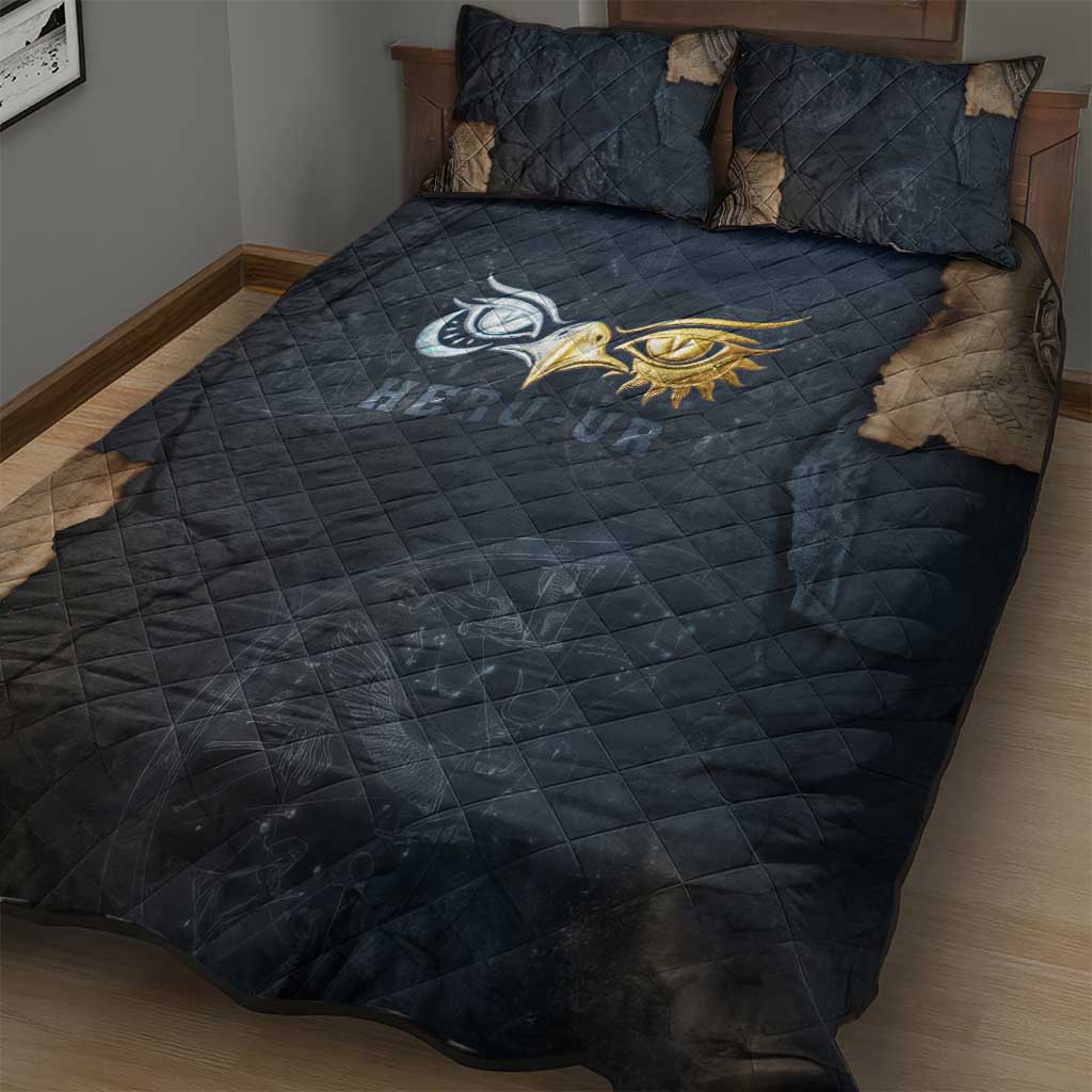 Heru-Ur Falcon Eyes Quilt Bed Set Solar Disk Ancient Egyptian Mythology in Dark Stone