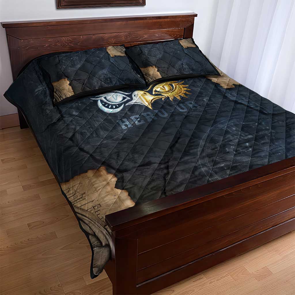 Heru-Ur Falcon Eyes Quilt Bed Set Solar Disk Ancient Egyptian Mythology in Dark Stone