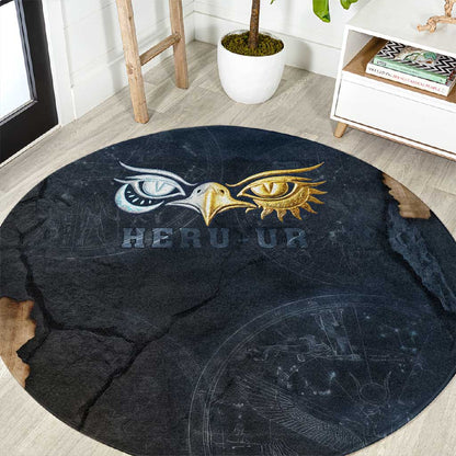Heru-Ur Falcon Eyes Round Carpet Solar Disk Ancient Egyptian Mythology in Dark Stone