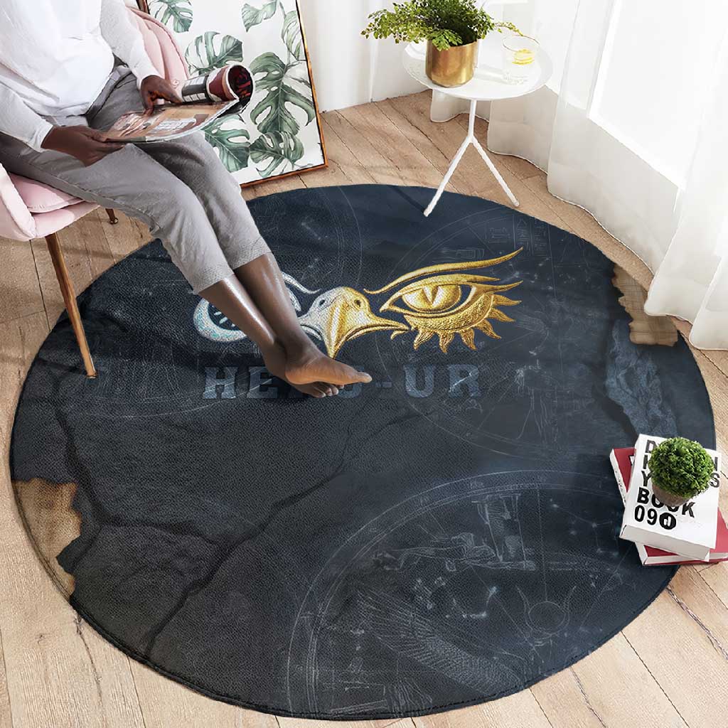 Heru-Ur Falcon Eyes Round Carpet Solar Disk Ancient Egyptian Mythology in Dark Stone