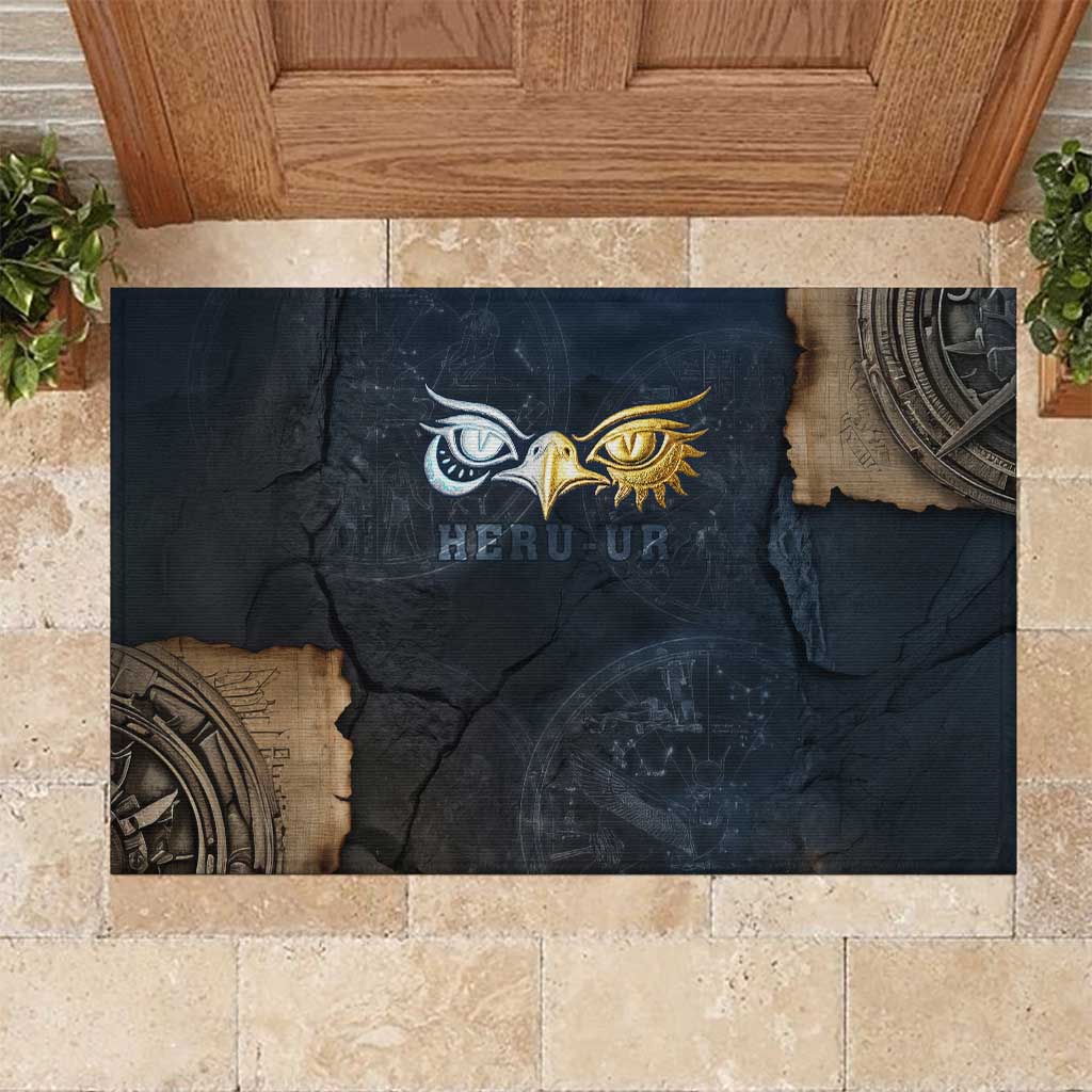 Heru-Ur Falcon Eyes Rubber Doormat Solar Disk Ancient Egyptian Mythology in Dark Stone