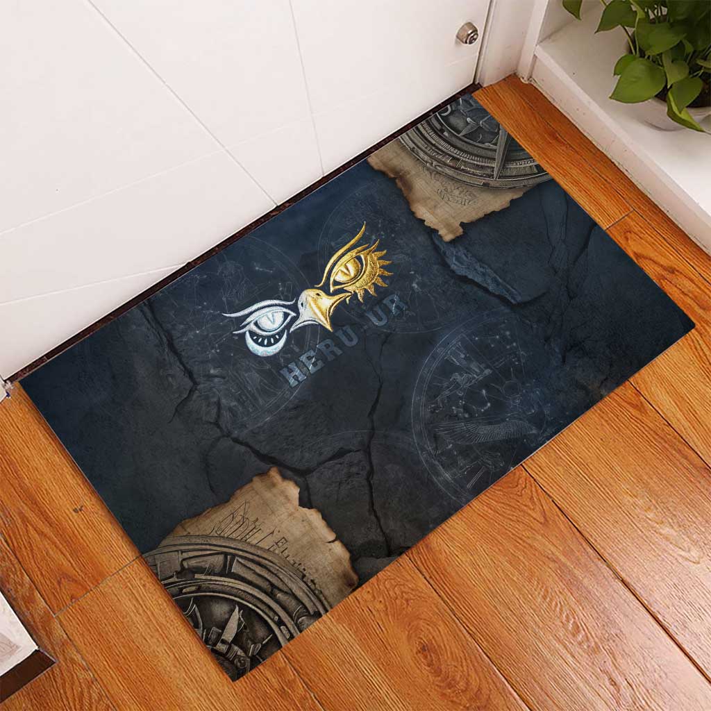 Heru-Ur Falcon Eyes Rubber Doormat Solar Disk Ancient Egyptian Mythology in Dark Stone