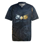 Heru-Ur Falcon Eyes Rugby Jersey Solar Disk Ancient Egyptian Mythology in Dark Stone