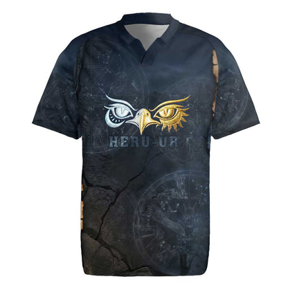 Heru-Ur Falcon Eyes Rugby Jersey Solar Disk Ancient Egyptian Mythology in Dark Stone