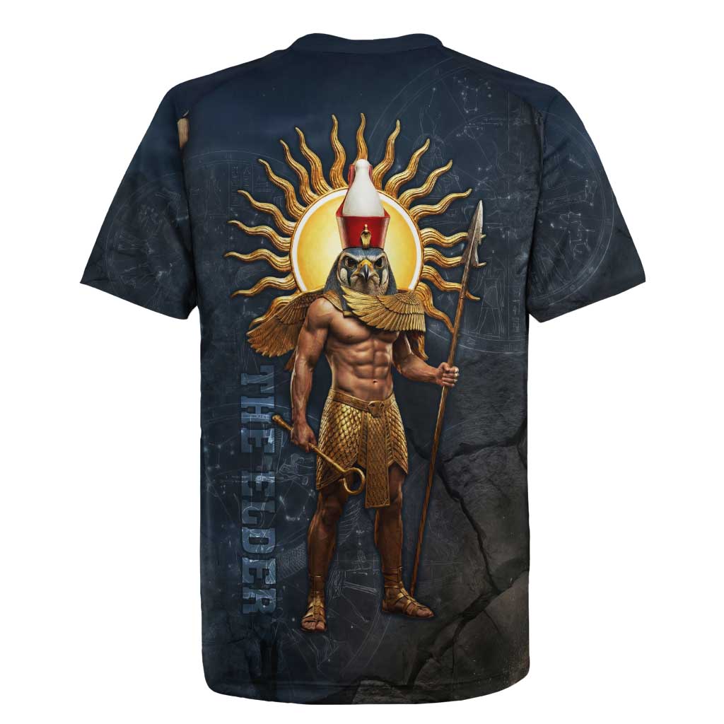 Heru-Ur Falcon Eyes Rugby Jersey Solar Disk Ancient Egyptian Mythology in Dark Stone