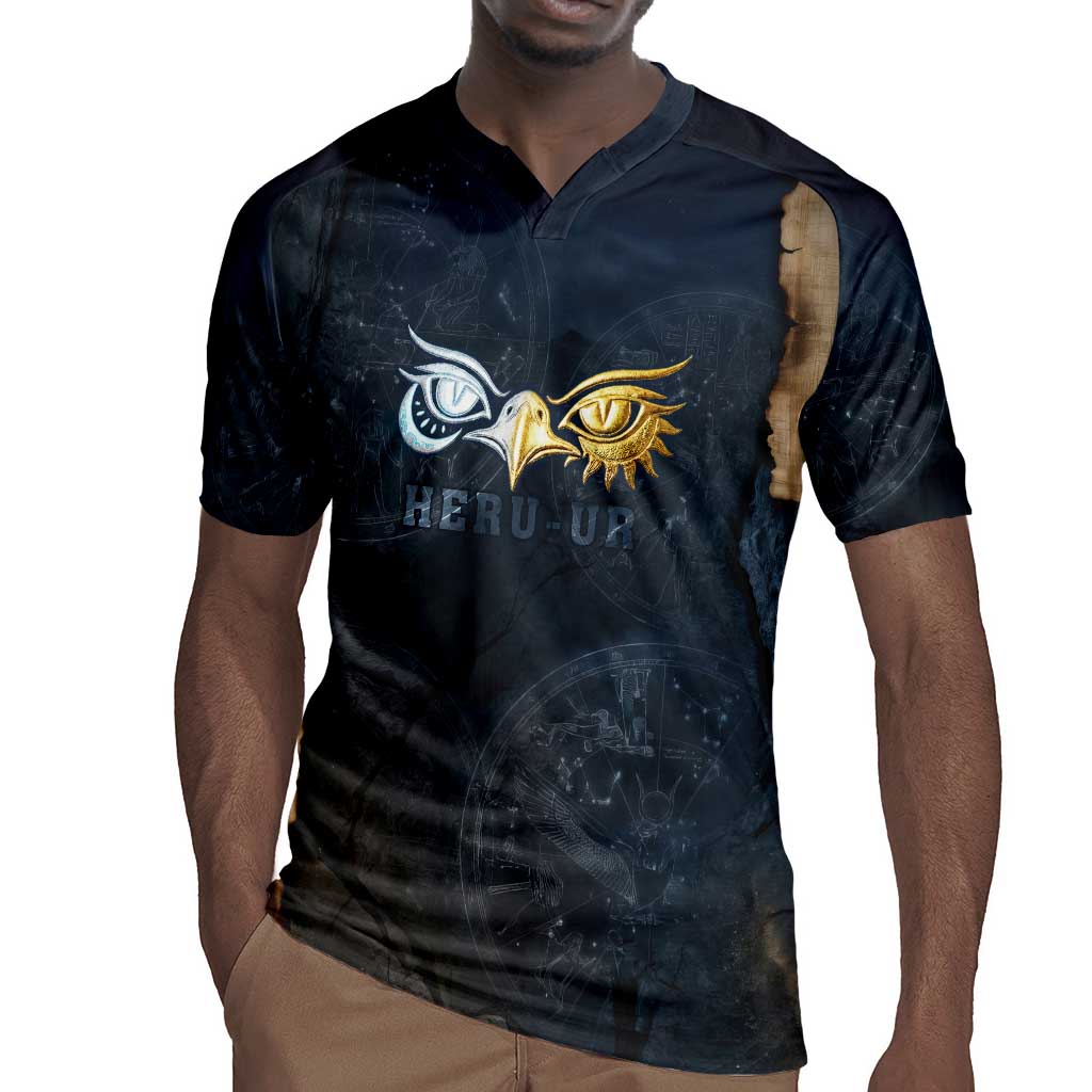Heru-Ur Falcon Eyes Rugby Jersey Solar Disk Ancient Egyptian Mythology in Dark Stone