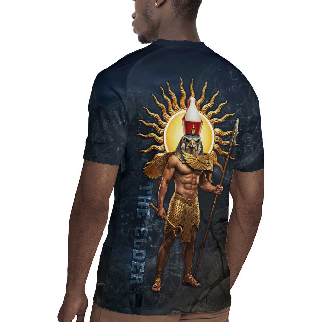 Heru-Ur Falcon Eyes Rugby Jersey Solar Disk Ancient Egyptian Mythology in Dark Stone