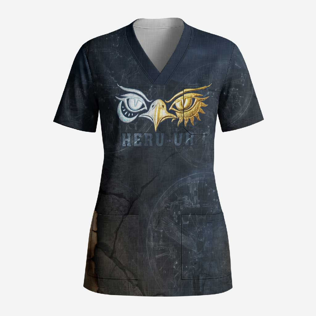 Heru-Ur Falcon Eyes Scrub Top Solar Disk Ancient Egyptian Mythology in Dark Stone