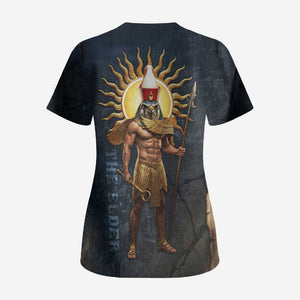 Heru-Ur Falcon Eyes Scrub Top Solar Disk Ancient Egyptian Mythology in Dark Stone