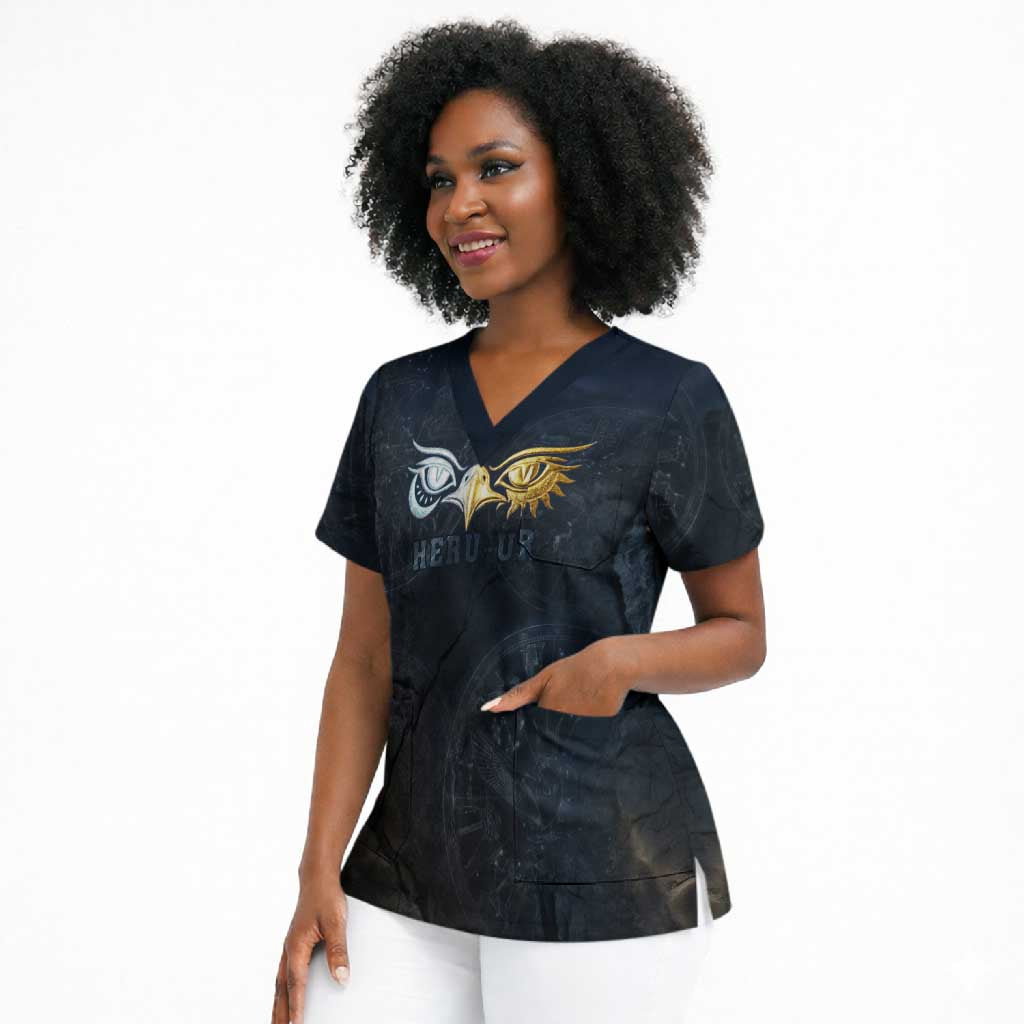Heru-Ur Falcon Eyes Scrub Top Solar Disk Ancient Egyptian Mythology in Dark Stone