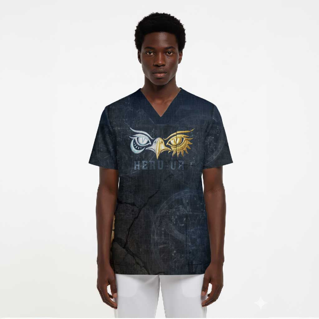 Heru-Ur Falcon Eyes Scrub Top Solar Disk Ancient Egyptian Mythology in Dark Stone