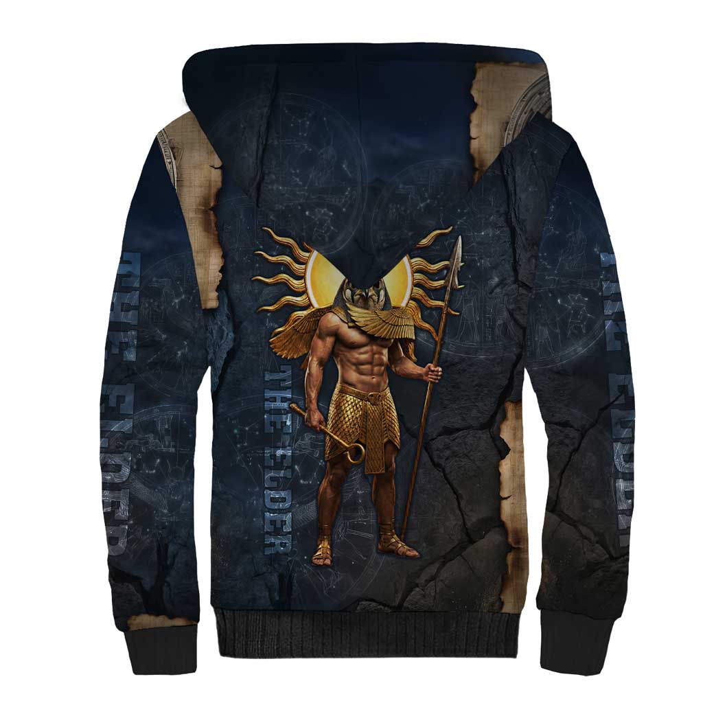 Heru-Ur Falcon Eyes Sherpa Hoodie Solar Disk Ancient Egyptian Mythology in Dark Stone