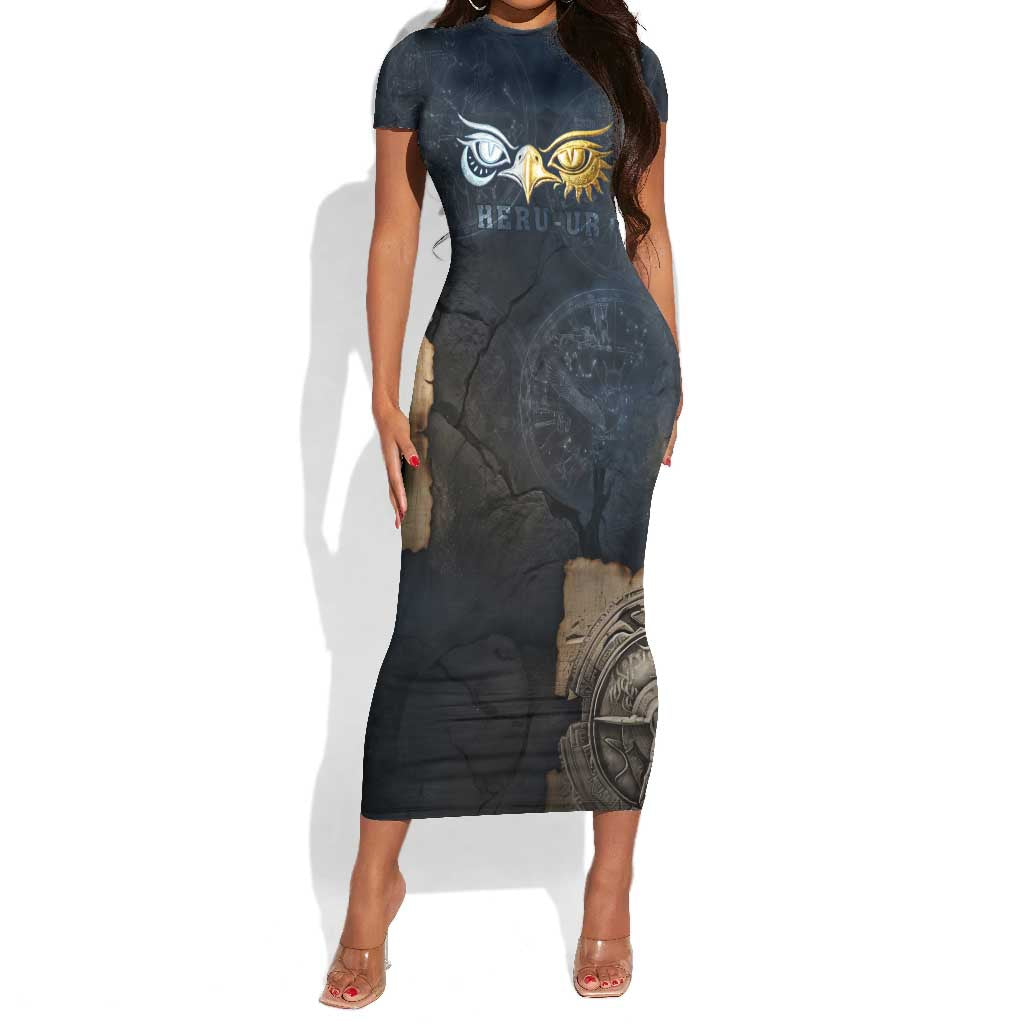Heru-Ur Falcon Eyes Short Sleeve Bodycon Dress Solar Disk Ancient Egyptian Mythology in Dark Stone