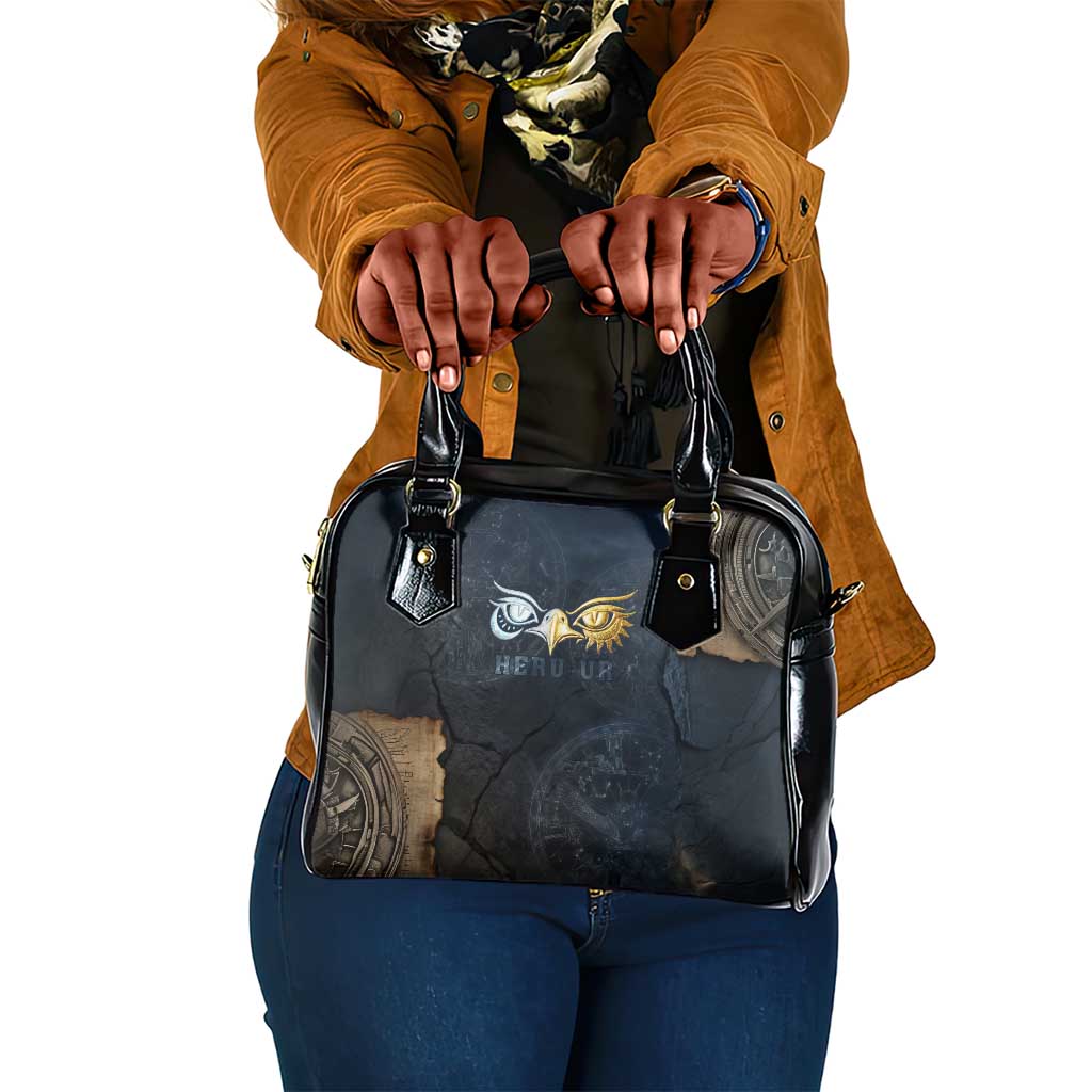Heru-Ur Falcon Eyes Shoulder Handbag Solar Disk Ancient Egyptian Mythology in Dark Stone