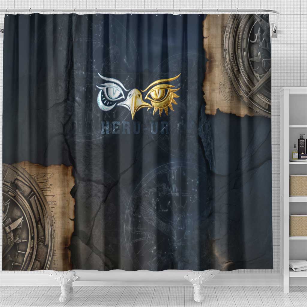Heru-Ur Falcon Eyes Shower Curtain Solar Disk Ancient Egyptian Mythology in Dark Stone