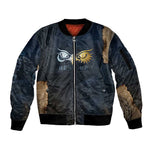 Heru-Ur Falcon Eyes Sleeve Zip Bomber Jacket Solar Disk Ancient Egyptian Mythology in Dark Stone