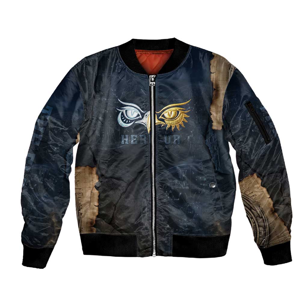 Heru-Ur Falcon Eyes Sleeve Zip Bomber Jacket Solar Disk Ancient Egyptian Mythology in Dark Stone