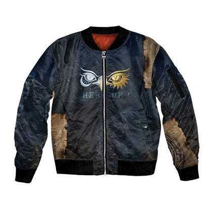 Heru-Ur Falcon Eyes Sleeve Zip Bomber Jacket Solar Disk Ancient Egyptian Mythology in Dark Stone