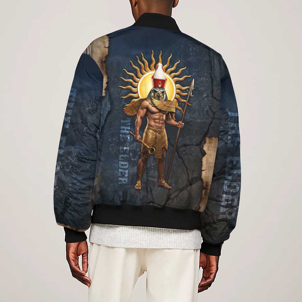 Heru-Ur Falcon Eyes Sleeve Zip Bomber Jacket Solar Disk Ancient Egyptian Mythology in Dark Stone