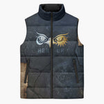 Heru-Ur Falcon Eyes Sleeveless Puffer Jacket Solar Disk Ancient Egyptian Mythology in Dark Stone