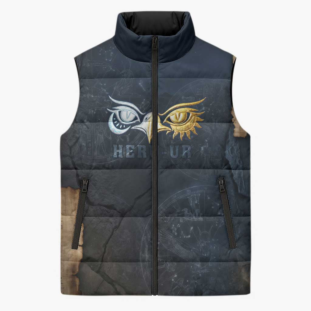 Heru-Ur Falcon Eyes Sleeveless Puffer Jacket Solar Disk Ancient Egyptian Mythology in Dark Stone