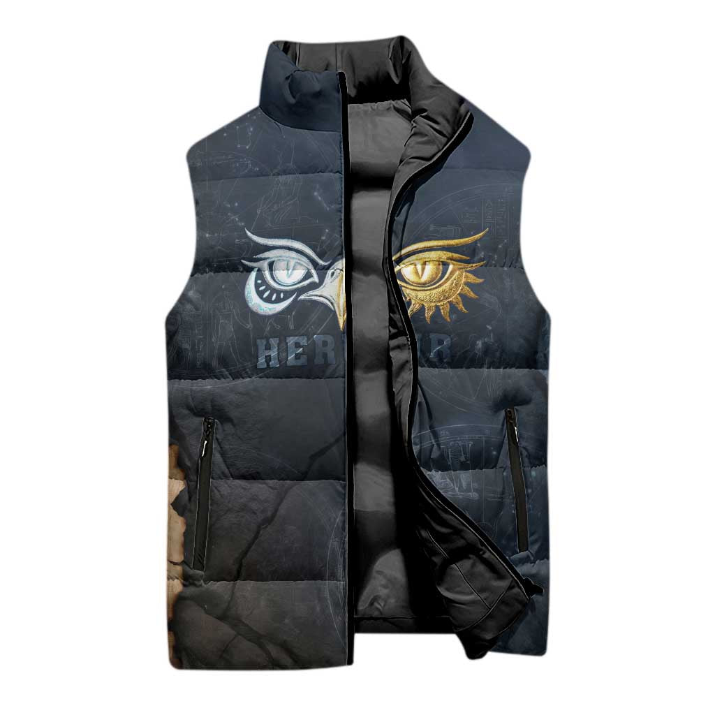Heru-Ur Falcon Eyes Sleeveless Puffer Jacket Solar Disk Ancient Egyptian Mythology in Dark Stone