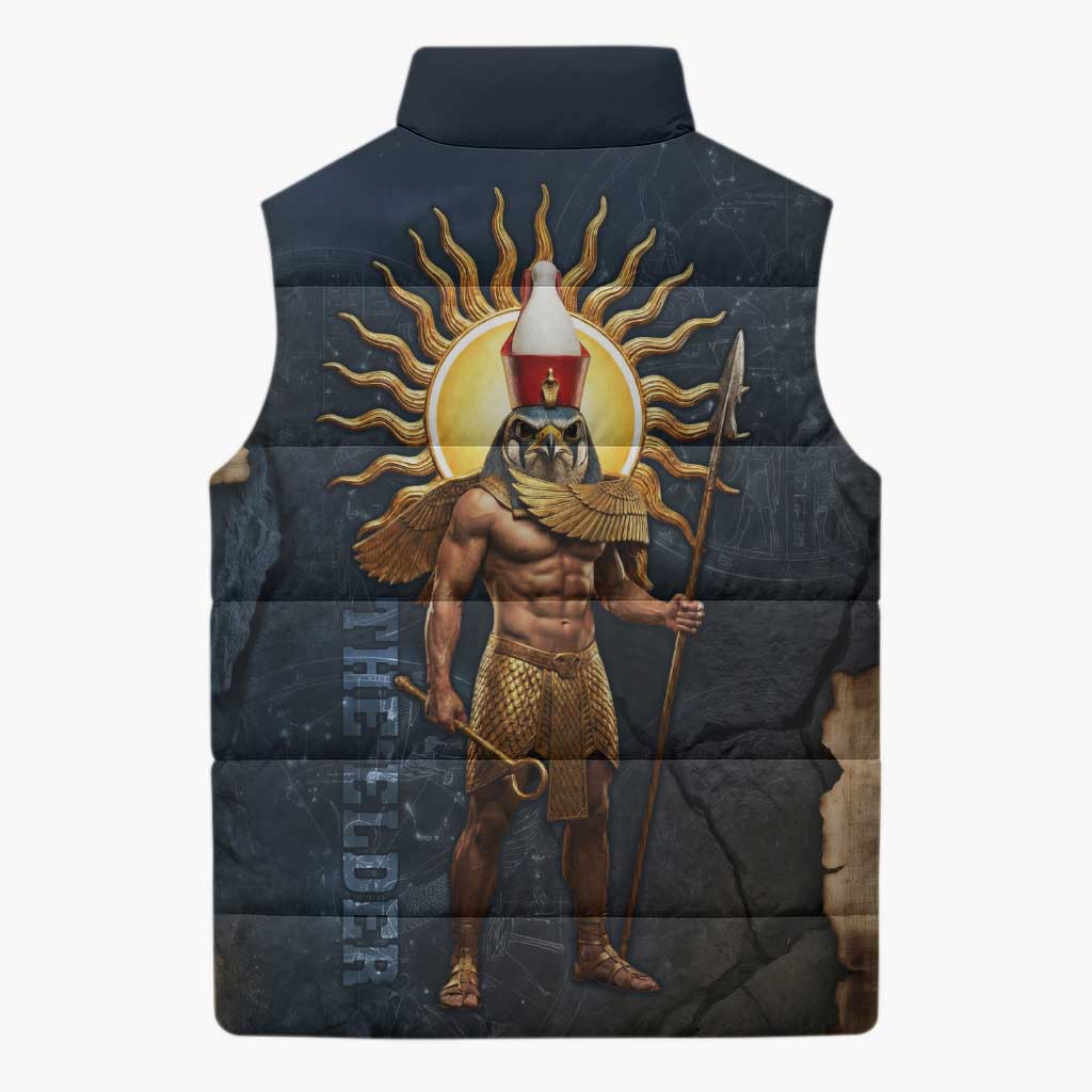 Heru-Ur Falcon Eyes Sleeveless Puffer Jacket Solar Disk Ancient Egyptian Mythology in Dark Stone
