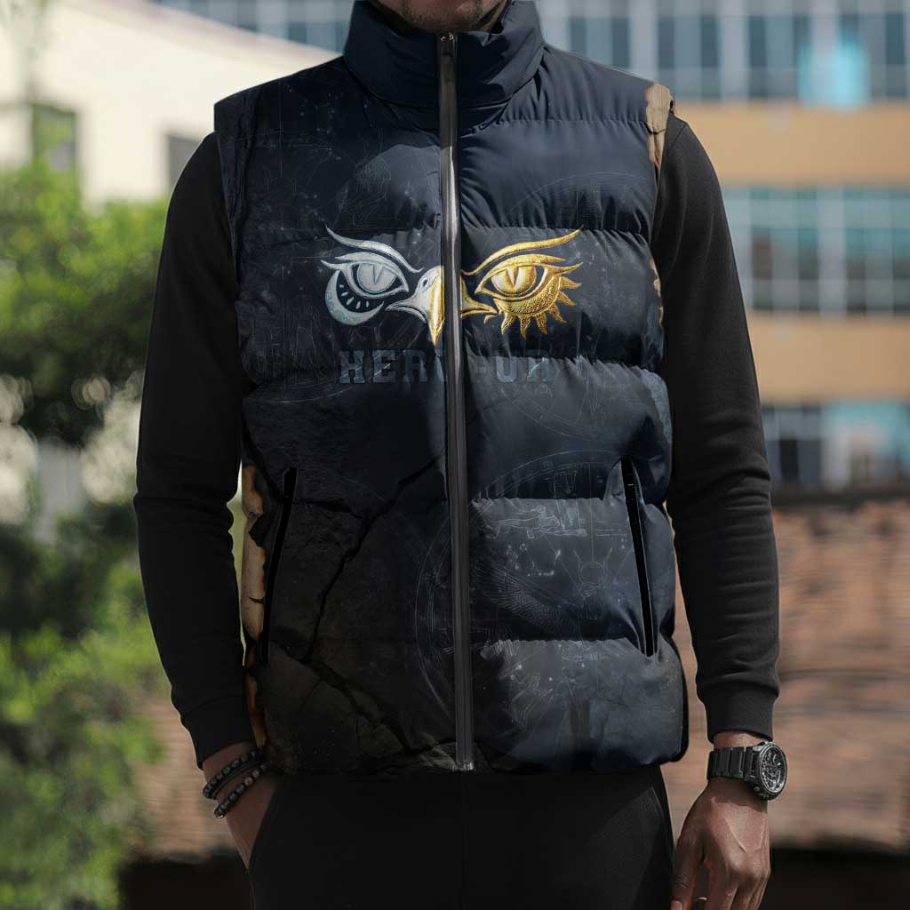 Heru-Ur Falcon Eyes Sleeveless Puffer Jacket Solar Disk Ancient Egyptian Mythology in Dark Stone