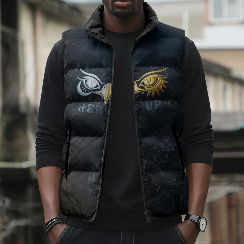 Heru-Ur Falcon Eyes Sleeveless Puffer Jacket Solar Disk Ancient Egyptian Mythology in Dark Stone