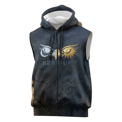 Heru-Ur Falcon Eyes Sleeveless Zip Hoodie Solar Disk Ancient Egyptian Mythology in Dark Stone