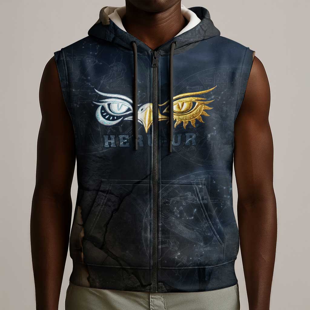 Heru-Ur Falcon Eyes Sleeveless Zip Hoodie Solar Disk Ancient Egyptian Mythology in Dark Stone