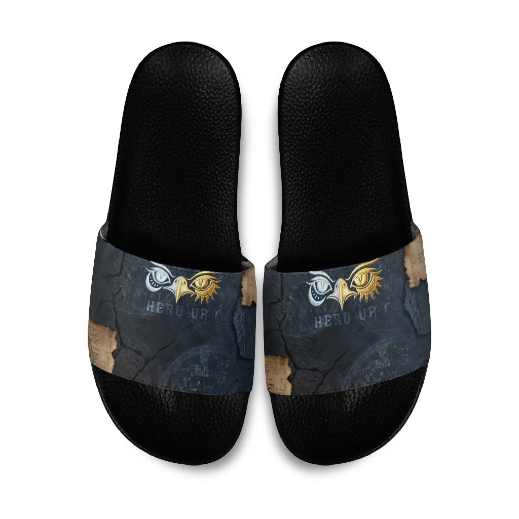 Heru-Ur Falcon Eyes Slide Sandals Solar Disk Ancient Egyptian Mythology in Dark Stone