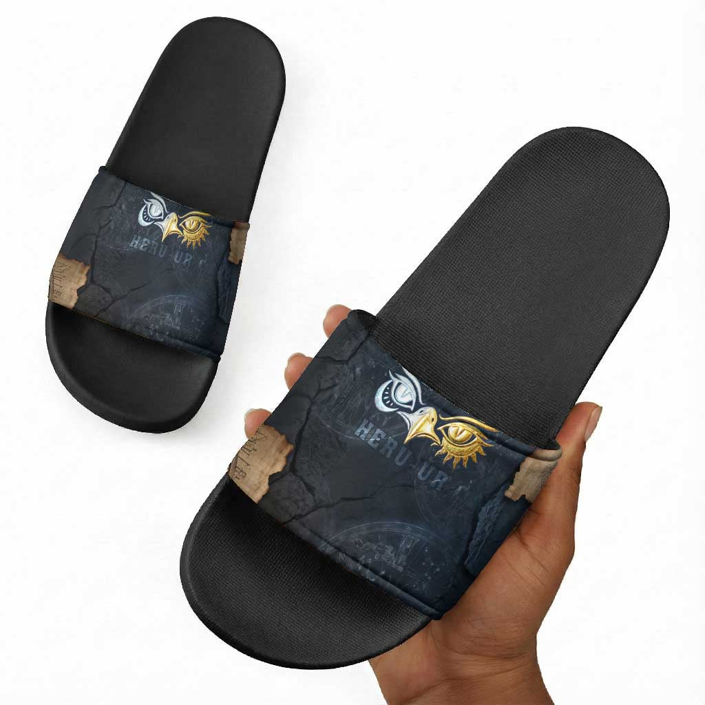 Heru-Ur Falcon Eyes Slide Sandals Solar Disk Ancient Egyptian Mythology in Dark Stone