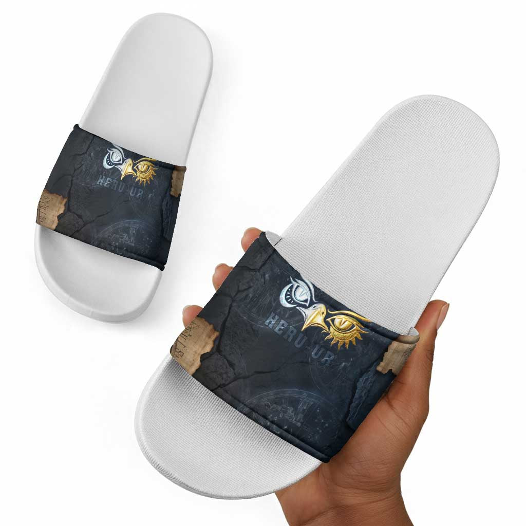 Heru-Ur Falcon Eyes Slide Sandals Solar Disk Ancient Egyptian Mythology in Dark Stone