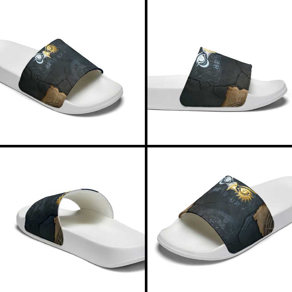 Heru-Ur Falcon Eyes Slide Sandals Solar Disk Ancient Egyptian Mythology in Dark Stone
