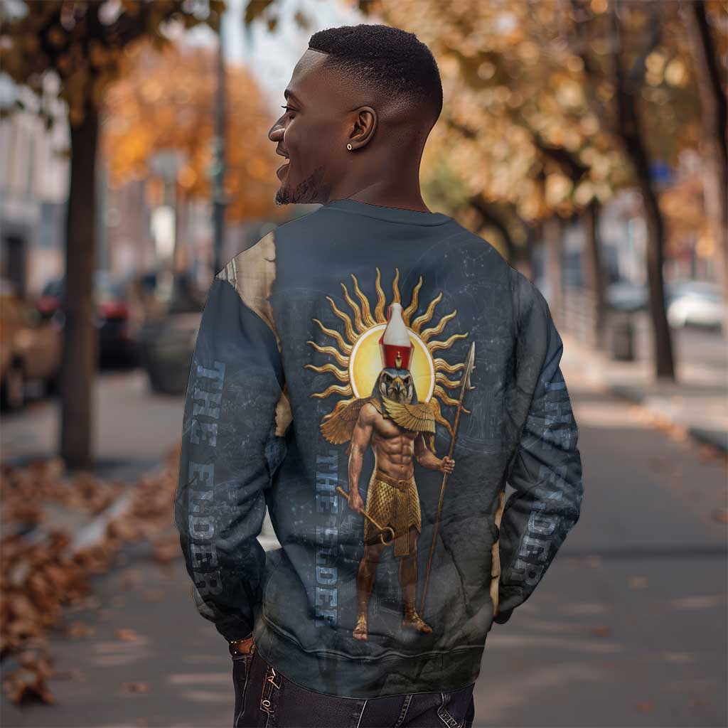 Heru-Ur Falcon Eyes Sweatshirt Solar Disk Ancient Egyptian Mythology in Dark Stone