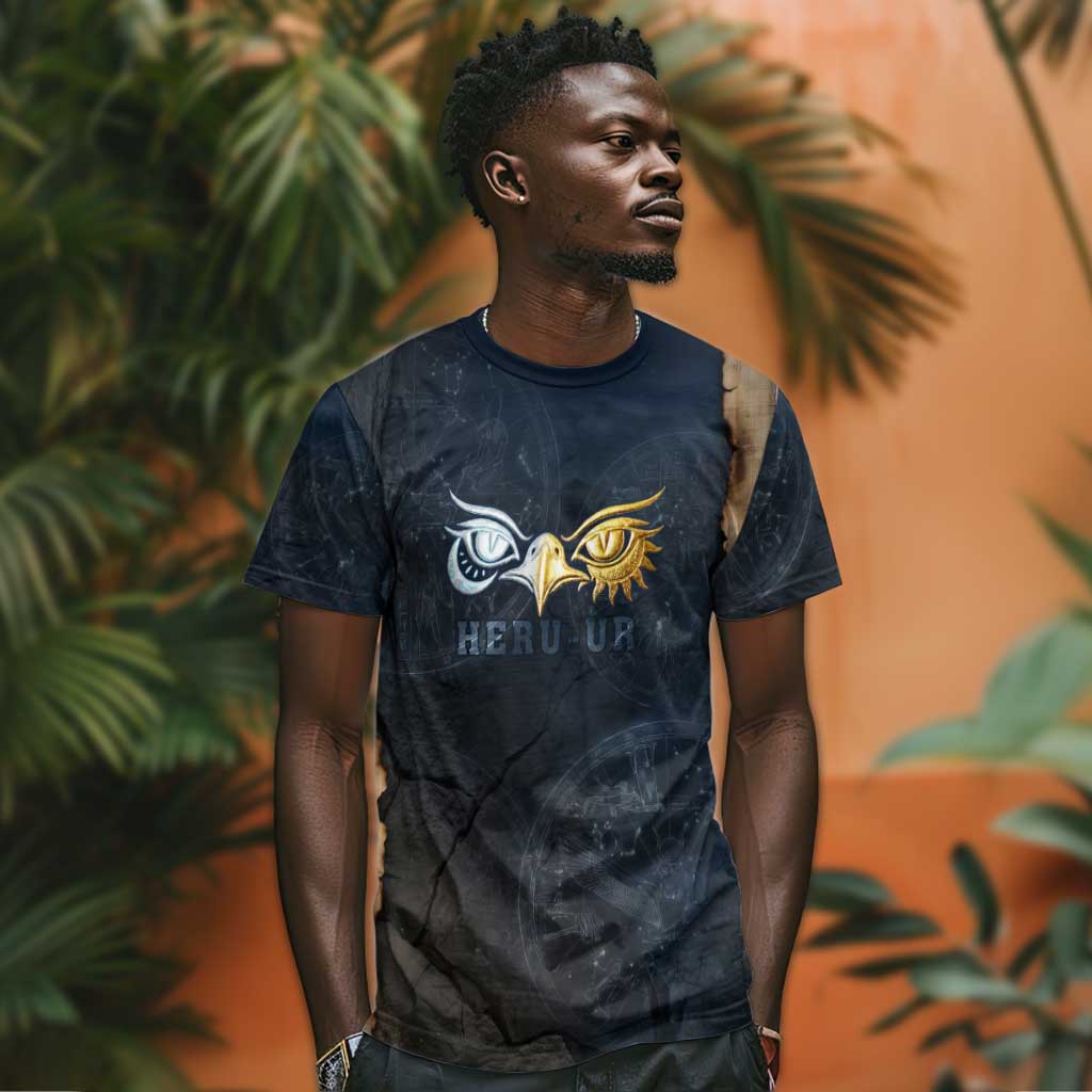 Heru-Ur Falcon Eyes T shirt Solar Disk Ancient Egyptian Mythology in Dark Stone
