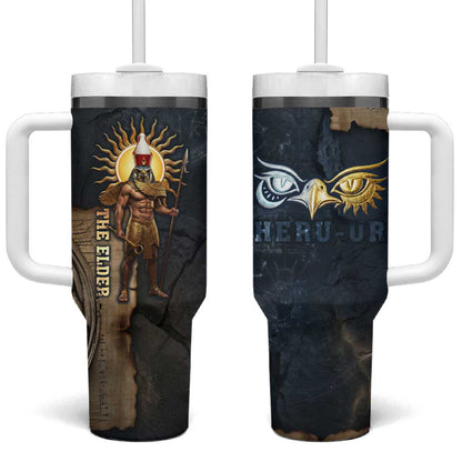 Heru-Ur Falcon Eyes Tumbler With Handle Solar Disk Ancient Egyptian Mythology in Dark Stone
