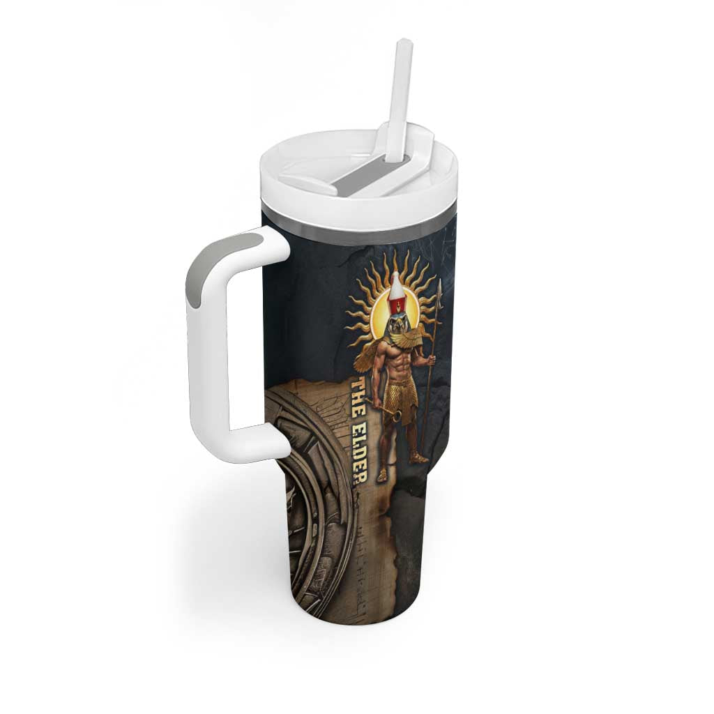 Heru-Ur Falcon Eyes Tumbler With Handle Solar Disk Ancient Egyptian Mythology in Dark Stone