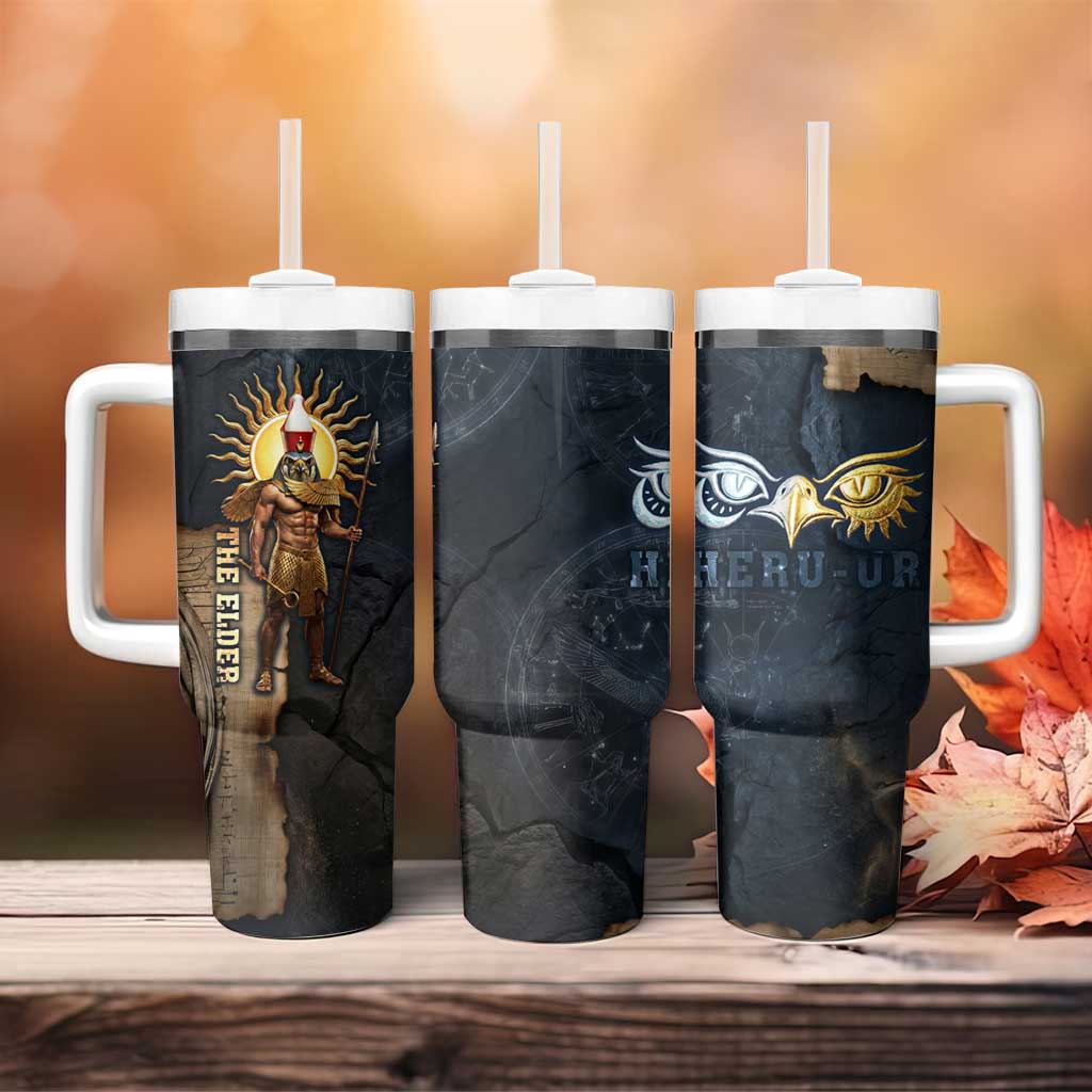 Heru-Ur Falcon Eyes Tumbler With Handle Solar Disk Ancient Egyptian Mythology in Dark Stone
