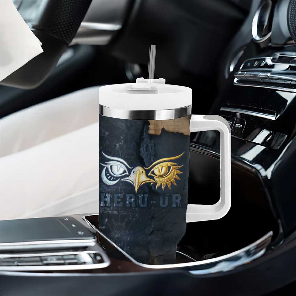 Heru-Ur Falcon Eyes Tumbler With Handle Solar Disk Ancient Egyptian Mythology in Dark Stone